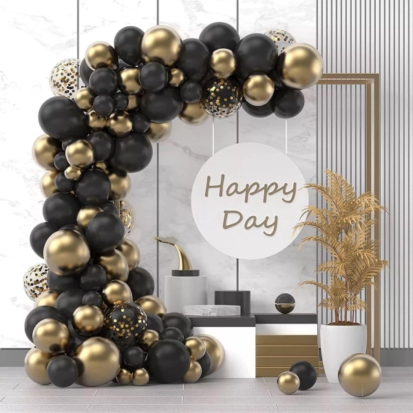 Baloane decorative pentru Nunta, Zi de Nastere, Evenimente, Arcada Set din 107 baloane, din latex, baloane cu confetii, Negru Au