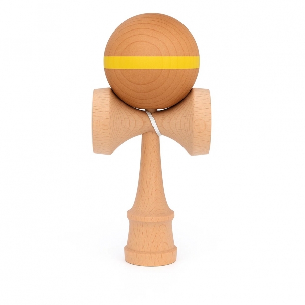 Jucarie Interactiva Kendama, din Lemn, 18 cm, Joc de Indemanare pentru Copii si Adulti, Model cu Dunga, Galben
