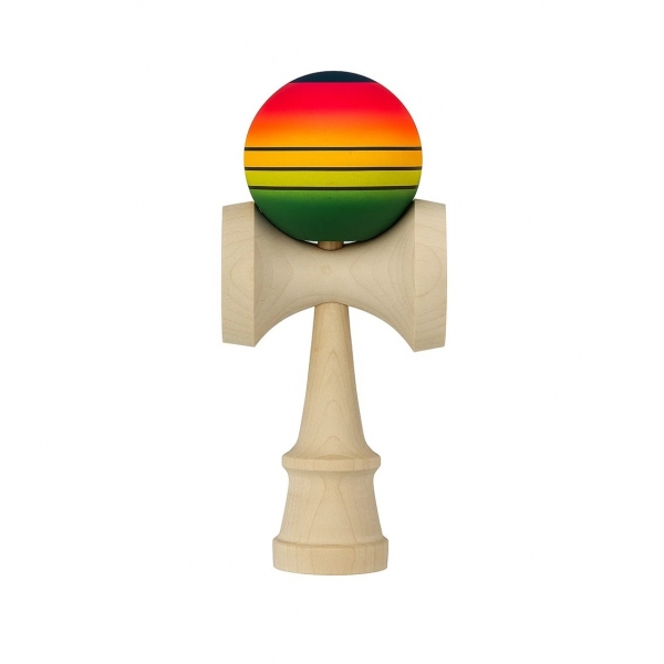 Jucarie Interactiva Kendama, din Lemn, 18 cm, Joc de Indemanare pentru Copii si Adulti, Model Gradient 4, Rosu/Galben/Verde