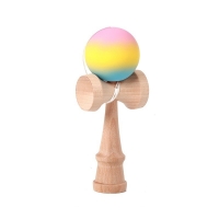 Jucarie Interactiva Kendama, din Lemn, 18 cm, Joc de Indemanare pentru Copii si Adulti, Model Gradient 2, Roz/Galben/Albastru