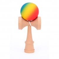 Jucarie Interactiva Kendama, din Lemn, 18 cm, Joc de Indemanare pentru Copii si Adulti, Model Gradient 3, Rosu/Galben/Albastru