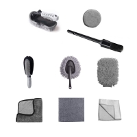 Set 9 Piese pentru Spalat Auto, din Plastic si Microfibra, Perii si Lavete, Model B, Gri