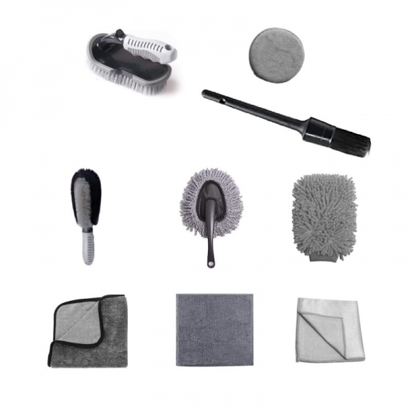Set 9 Piese pentru Spalat Auto, din Plastic si Microfibra, Perii si Lavete, Model B, Gri