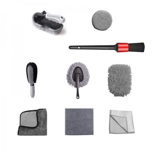 Set 9 Piese pentru Spalat Auto, din Plastic si Microfibra, Perii si Lavete, Model A, Gri