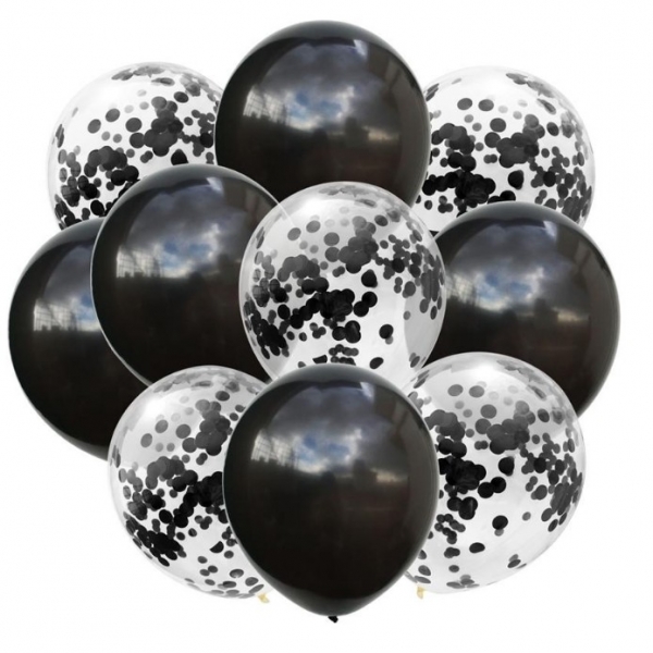 Set 10 Baloane din Latex, Model Party Confetti, 5 x Confetti, 5 x Negru, 25 cm, 2.2g