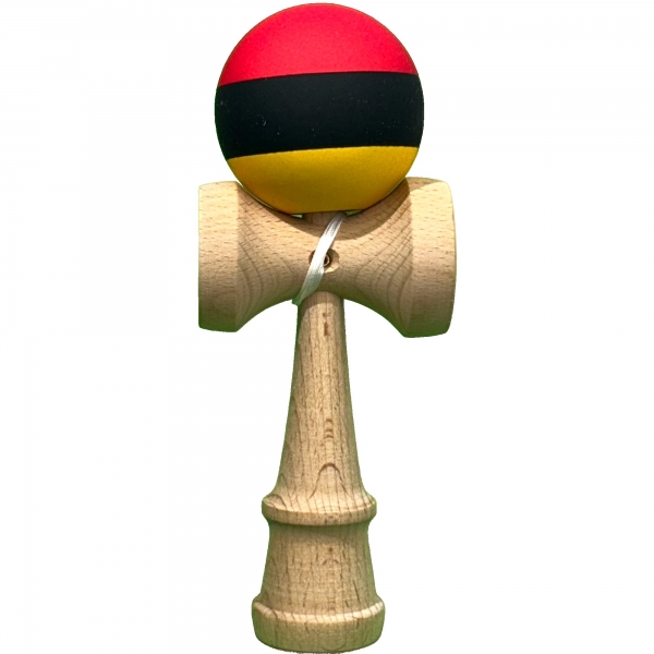 Jucarie Interactiva Kendama Profesionala, din Lemn, 18 cm, Joc de Indemanare pentru Copii si Adulti, Multicolor Rosu Negru Galbe
