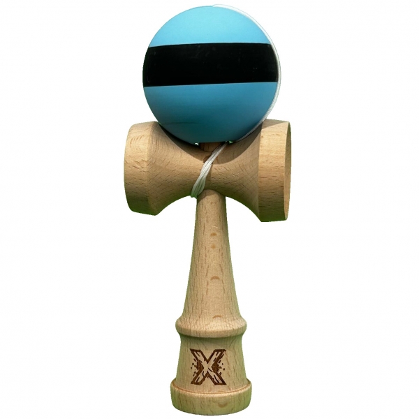 Jucarie Originala Kendama X, Profesionala, din Lemn, 18 cm, Dungi Albastru/Negru