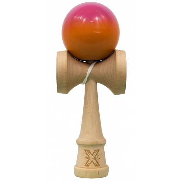 Jucarie Kendama X Originala, Profesionala, Super Sticky din Lemn, 18 cm, Gradient Roz/Portocaliu/Galben