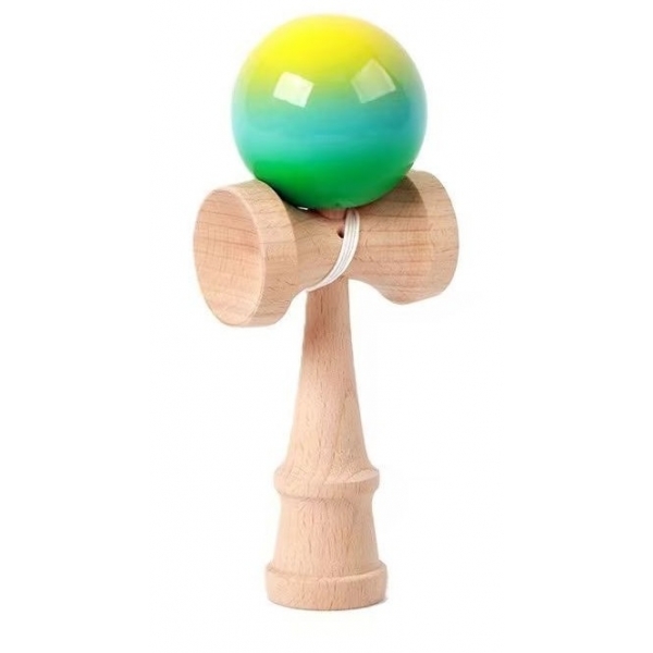 Jucarie Kendama X Originala, Profesionala, Super Sticky din Lemn, 18 cm, Gradient Galben/Albastru deschis/Verde
