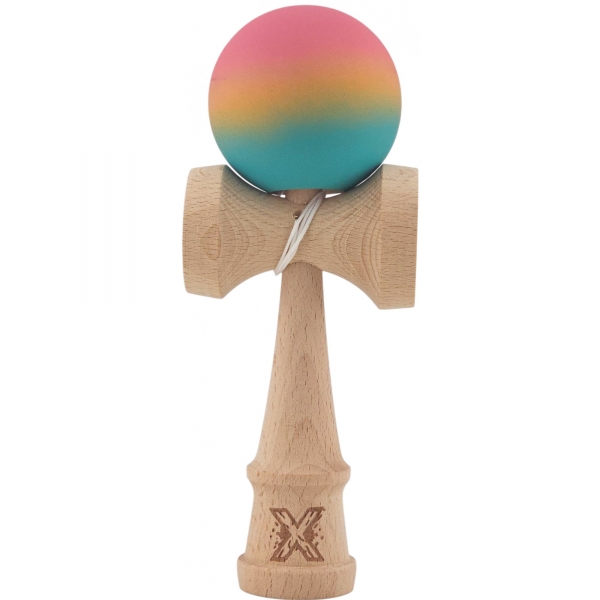 Kendama X Originala, Profesionala, din Lemn, Rubber Grip, 18 cm, Roz/Galben/Albastru