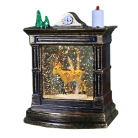 Decoratiune de Craciun tip Semineu / Ceas, Glob de Cristal cu Fulgi de Zapada, Model Ren, Iluminare LED, 11.5 x 8.5 x 6.5 cm, Carcasa Vintage Bronze, Transparent