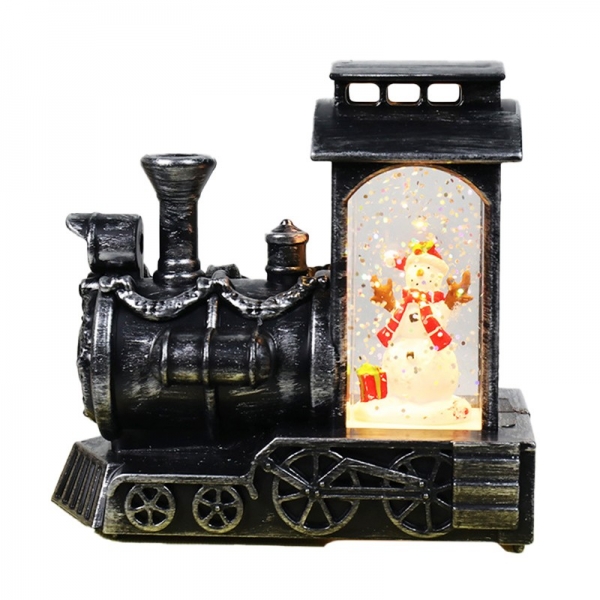 Decoratiune de Craciun tip Locomotiva, Glob de Cristal cu Fulgi de Zapada, Model Om de Zapada, Iluminare LED, 11.5 x 12.5 x 6 cm, Carcasa Vintage Bronze, Transparent