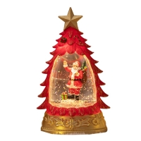 Decoratiune de Craciun tip Brad, Glob de Cristal cu Fulgi de Zapada, Model Mos Craciun, Iluminare LED, 16 x 9 x 5 cm, Carcasa Vintage Rosu, Transparent