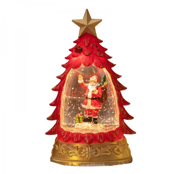 Decoratiune de Craciun tip Brad, Glob de Cristal cu Fulgi de Zapada, Model Mos Craciun, Iluminare LED, 16 x 9 x 5 cm, Carcasa Vintage Rosu, Transparent