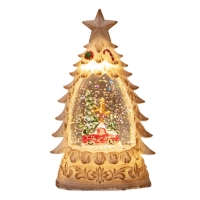 Decoratiune de Craciun tip Brad, Glob de Cristal cu Fulgi de Zapada, Model Masinuta cu Brad, Iluminare LED, 16 x 9 x 5 cm, Carcasa Vintage Bej, Transparent