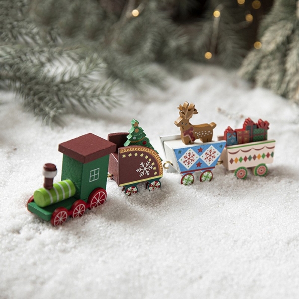 Ornament Decoratiune de Craciun Tren Pictat, Tip Ornament Jucarie de Decor pentru Craciun, din Lemn 20 cm, Tren Figurina de Crac