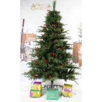 Brad Artificial de Craciun Bogat, Decorat cu Conuri Pin Rosii, pentru Interior/Exterior, Inaltime 120 cm, Verde, suport metalic 