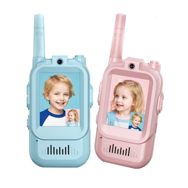 Set Walkie Talkie WiFi pentru Copii, Set 2 Statii, Apeluri Video, cu Ecran de 2", Efecte Voce, Reincarcabile, Cabluri TYPE-C, Ra