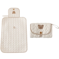 Patura Multifunctionala, pentru Schimbat Scutec, Impermeabila, din Bumbac, 50 x 70 cm, Portabila, Model Ursulet, Bej