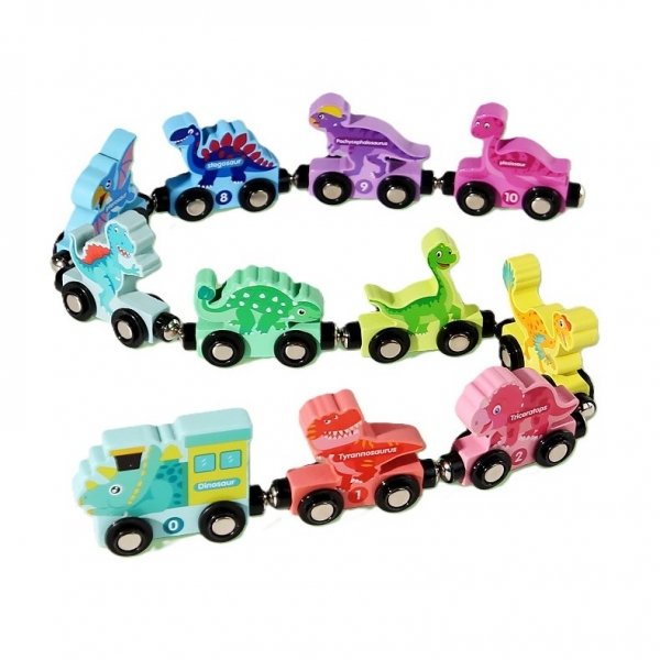 Trenulet Magnetic, din Lemn, Model Dinozauri, 10 Animale, +3 Ani, Jucarie de Asamblat, Multicolor