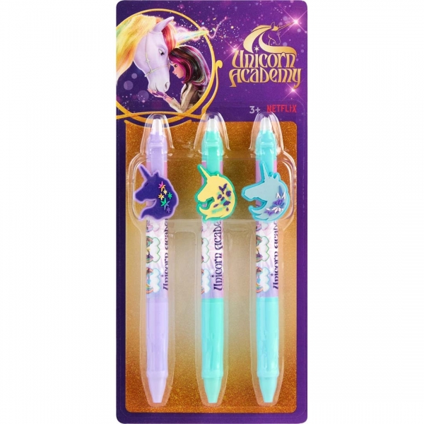 Set 3 pixuri cu gel, Unicorn Academy, Pixuri colorate pentru copii, Multicolor