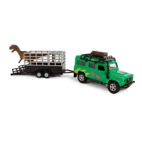 Machetă metalică Land Rover cu remorcă pentru transport dinozaur, Scara 1:32, Verde