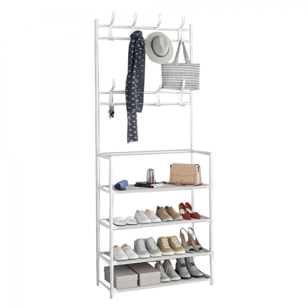 Organizator haine și pantofi, Cuier cu 8 cârlige și 4 polițe, 155x60x26 cm, Alb