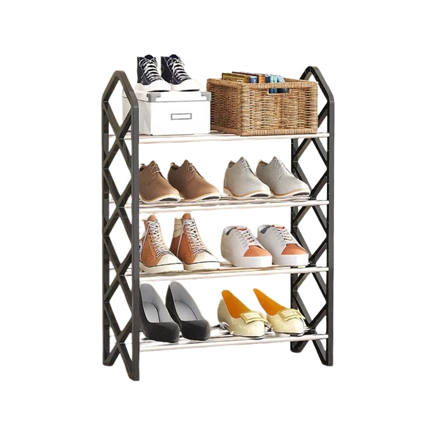 Raft pentru pantofi cu 4 niveluri, Organizator încălțăminte compact, 42x18.5x58 cm, Negru/Argintiu