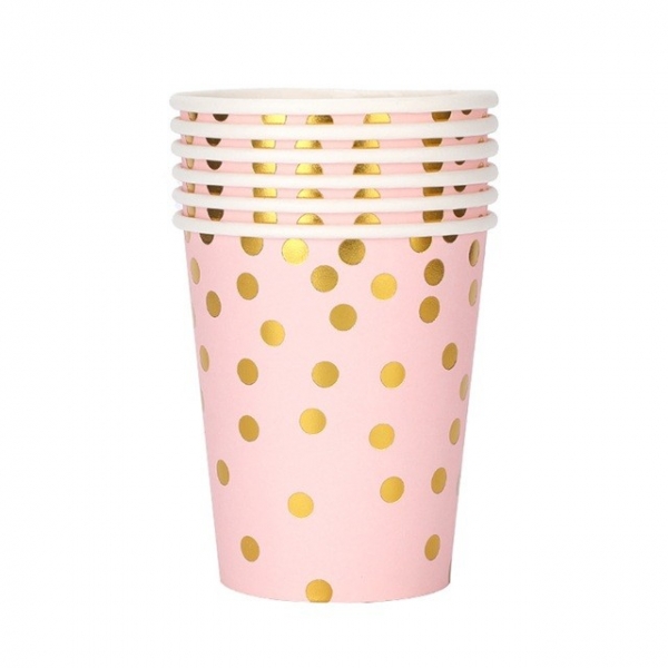 Set 10 pahare de carton, model buline aurii, 250ml, roz