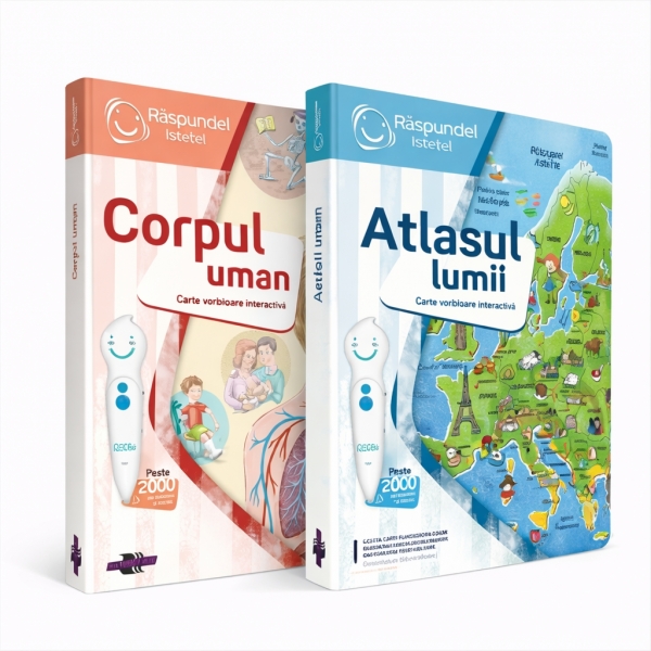 Set 2 cărți interactive Răspundel Istețel, Atlasul Lumii și Corpul Uman, Pentru copii, 7+ ani