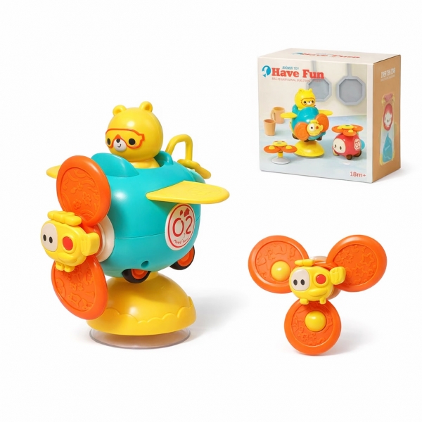 Jucarie interactiva pentru bebelusi, Model avion, Pentru dentitie cu ventuza si spinner, Multicolor