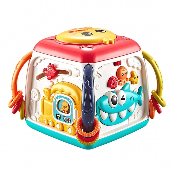 Cub Multifunctional Muzical pentru Bebelusi Block Wisdom Blue, 9 Activitati cu Pian 4 Note, Lumini 3D, Sunete si Melodii, Sortar