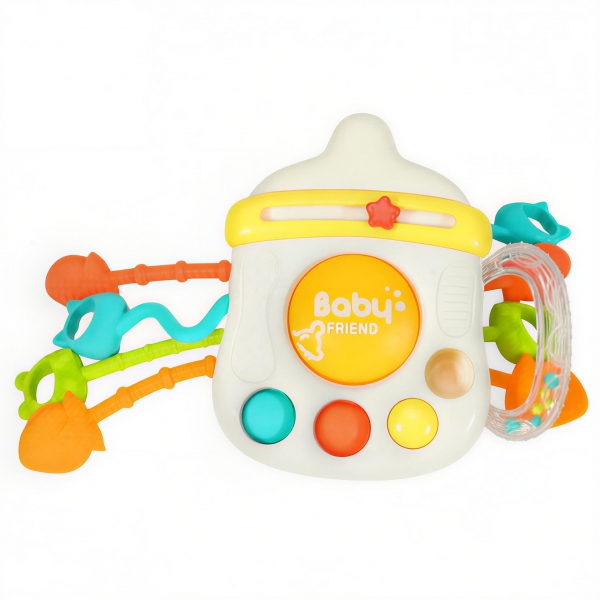 Jucarie pentru Dentiție 3 in 1, Zornaitoare, Suzeta de Ros si Inele pentru Dentiție in Forma de Sticluta, Jucarie Senzoriala cu 