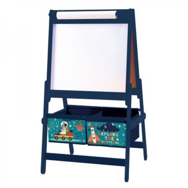 Dulap depozitare jucarii Explore the universe, cu tabla de scris, Albastru