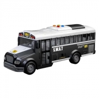 Autobuz SWAT cu Uși Care se Deschid, Lumini și Muzică, Jucărie Interactivă Realistă Alb-Negru pentru Copii, Vehicul de Intervenț