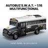 Autobuz SWAT cu Uși Care se Deschid, Lumini și Muzică, Jucărie Interactivă Realistă Alb-Negru pentru Copii, Vehicul de Intervenț