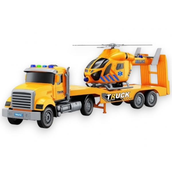 Camion Transportor cu Elicopter de Salvare, Jucărie Interactivă 2 în 1 pentru Copii, Camion cu Platformă și Elicopter Detasabil,