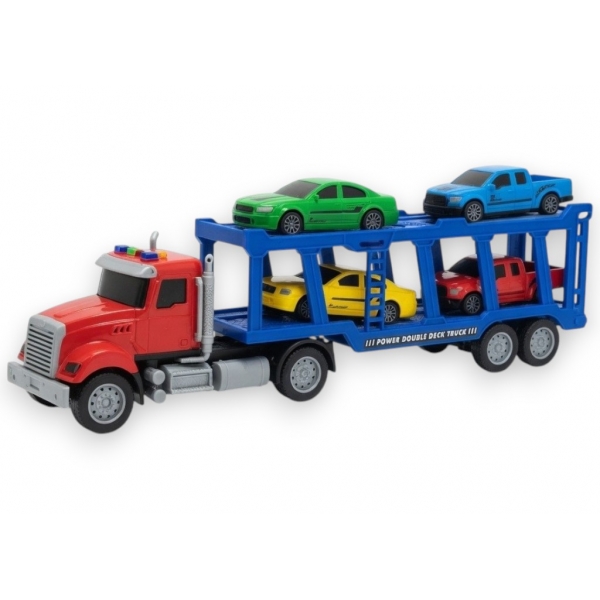 Trailer cu Frictiune, Lumini și Sunete + 4 Mașinuțe Incluse, Jucărie Interactivă Camion Remorcă pentru Copii, Vehicul de Transpo