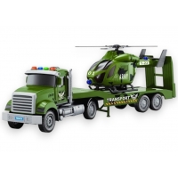 Trailer Militar cu Elicopter pe Platformă, Frictiune, Lumini și Sunete, Jucărie Interactivă 2 în 1 pentru Copii, Vehicul Tactic 