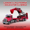 Camion american cu frictiune si excavator inclus, jucarie copii cu lumini si sunete, tir constructii cu utilaj, camion transport