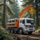 Camion cu incarcator pentru lemn 1:16 portocaliu, Lumini si sunete, Jucarie interactiva utilaj forestier copii, Vehicul transpor