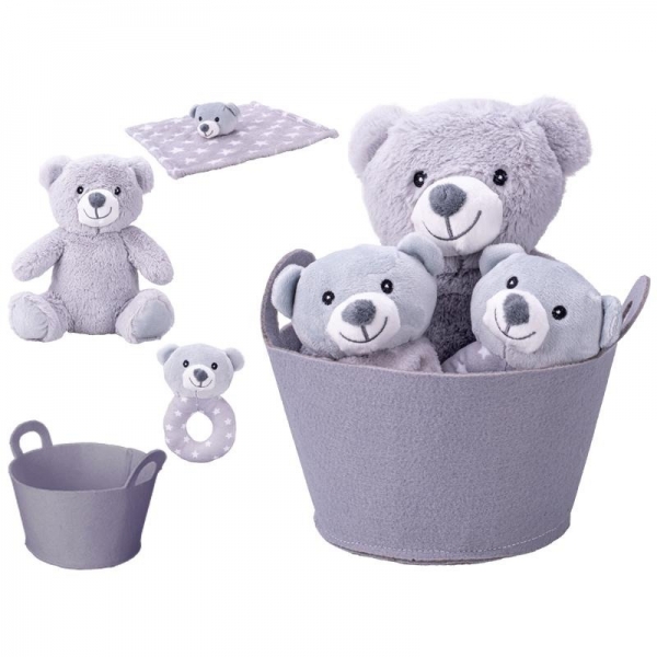 Set cadou pentru bebeluși cu ursuleț de pluș 20 cm, zornăitoare și păturică de somn în coș elegant, culoare gri, cadou ideal pen