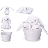 Set cadou pentru bebeluși cu ursuleț de pluș 20 cm, zornăitoare și păturică de somn în coș elegant, culoare gri, cadou ideal pen