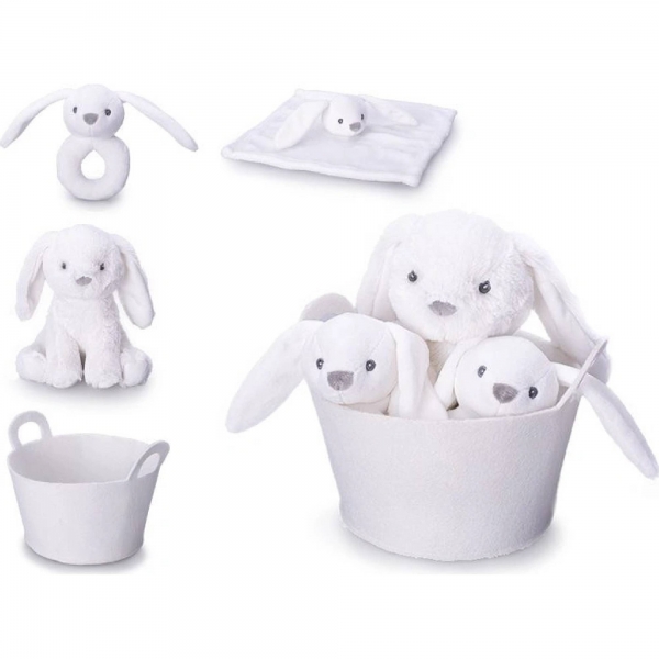 Set cadou pentru bebeluși cu ursuleț de pluș 20 cm, zornăitoare și păturică de somn în coș elegant, culoare gri, cadou ideal pen