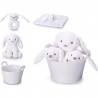 Set cadou pentru bebeluși cu ursuleț de pluș 20 cm, zornăitoare și păturică de somn în coș elegant, culoare alb, cadou ideal pentru nou-născuți 0+ luni