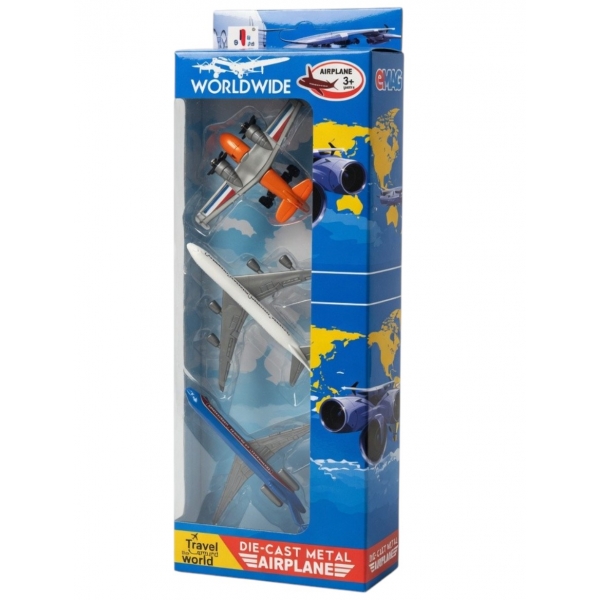 Set 3 Avioane Jucărie pentru Copii, Dimensiune 8-10,5 cm, Mecanism Free Wheel (mers liber), Modele Colorate cu Elice, Metal și P