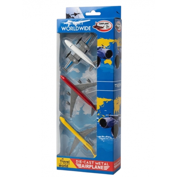 Set 3 Avioane Jucărie pentru Copii, Dimensiune 8-10,5 cm, Mecanism Free Wheel (mers liber), Modele Colorate cu Elice, Alb-Rosu-G