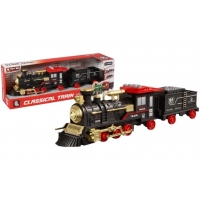 Tren Electric Clasic Cu Aburi Pentru Copii Cu Lumini Si Sunete, Locomotiva Vintage Cu Vagon Tip Marfa, Jucarie Tren Retro Cu Des