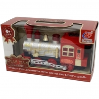 Locomotiva Cu Aburi Clasica Pentru Copii Cu Lumini Si Sunete, Tren Vintage Rosu Si Auriu Tip Steam Train, Jucarie Tren Retro Cu 
