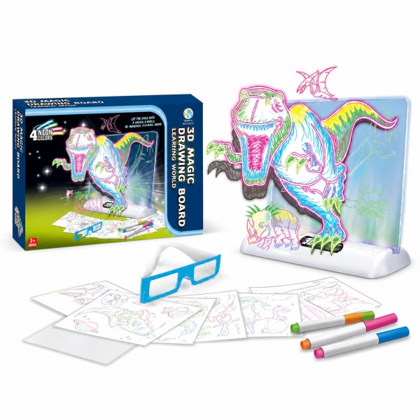 Tabla De Desen Cu Lumini 3D Dinozaur Pentru Copii, Set Creativ Cu Ochelari Si Sabloane Pentru Desen Luminos Neon, Jucarie Intera
